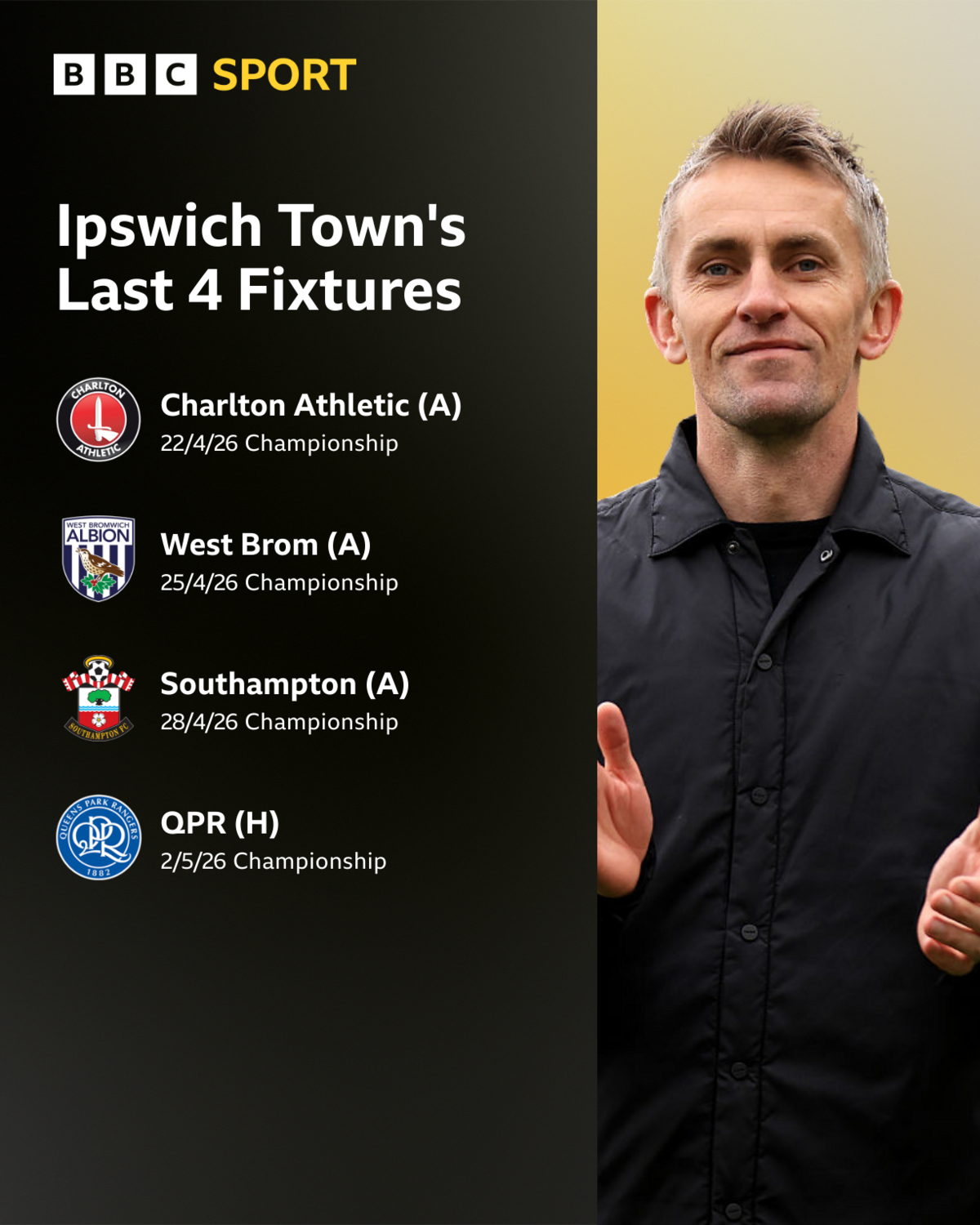 A list of Ipswich's remaining fixtures alongside a photograph of Ipswich boss Kieran McKenna