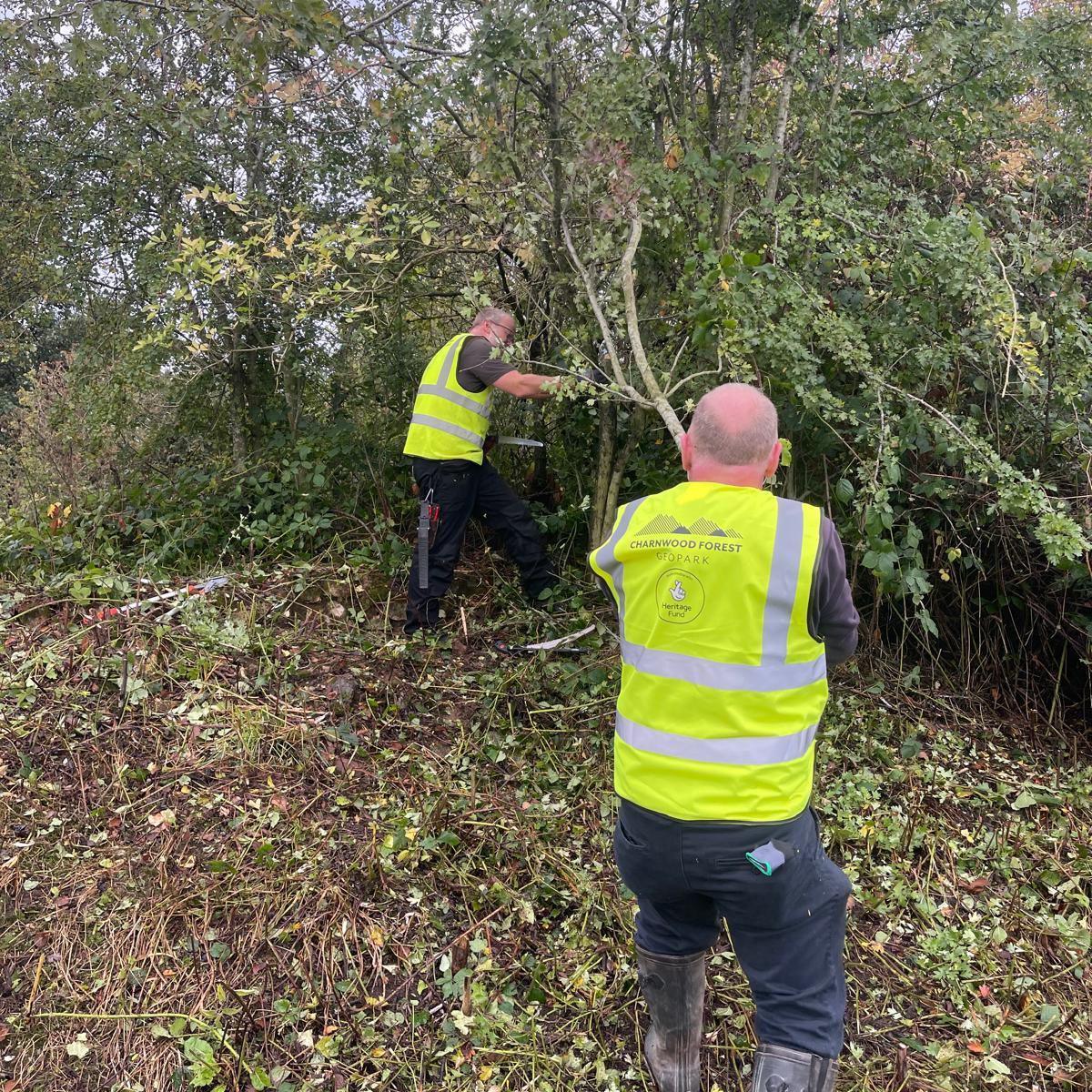 The backs of two men in fluorescent jackets going to work on a shrubbery