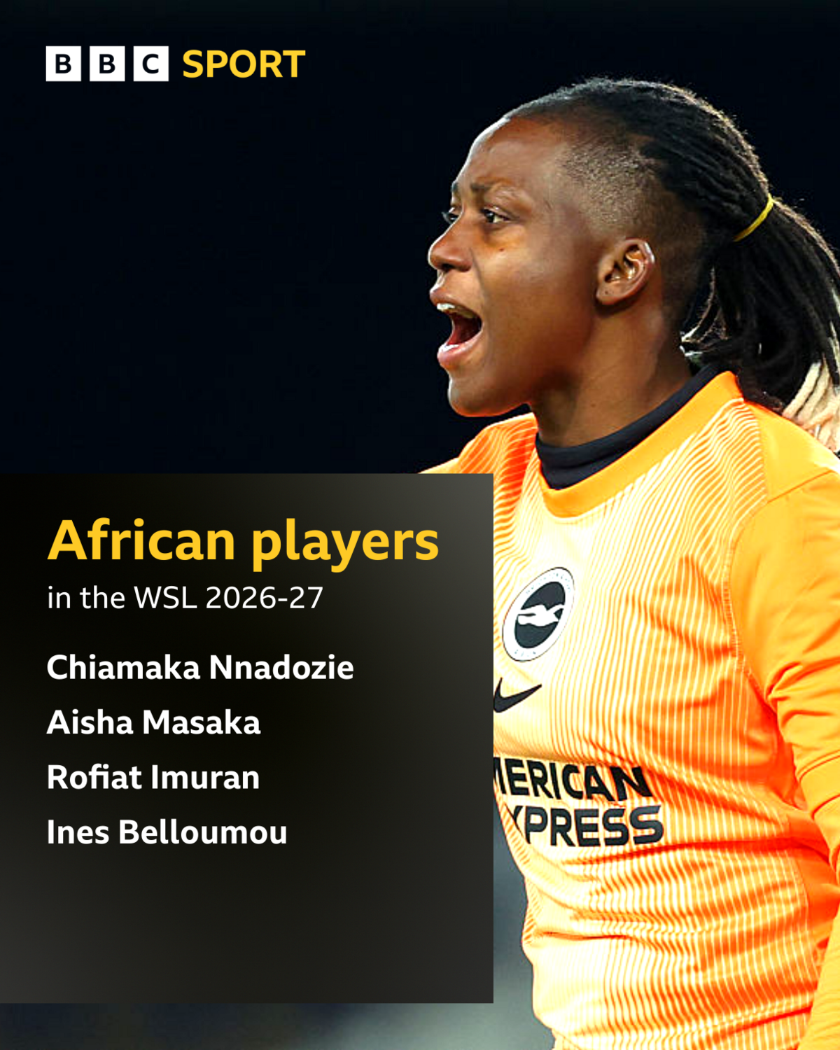 Graphic listing the four African players currently in the WSL, including Chiamaka Nnadozie (Brighton and Nigeria, pictured in Brighton yellow and orange kit), Aisha Masaka (Brighton and Tanzania), Rofiat Imuran (London City Lionesses and Nigeria) and Ines Belloumou (West Ham and Algeria).