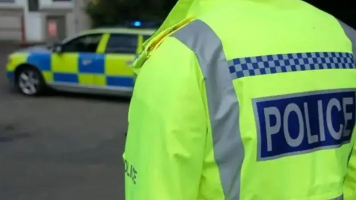 Police officer in hi-vis jacket taken from the back with a police car in the background.