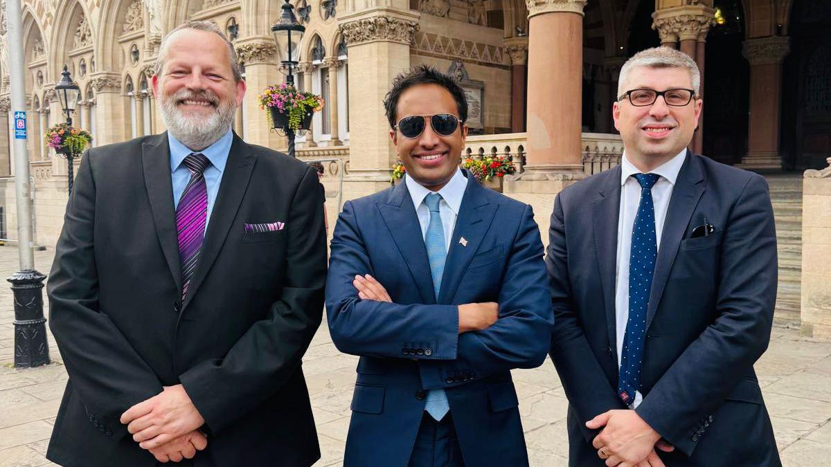 Zia Yusuf with Council Leader Mark Arnull, Deputy Leader James Petter and the Reform UK cabinet on West Northamptonshire Council