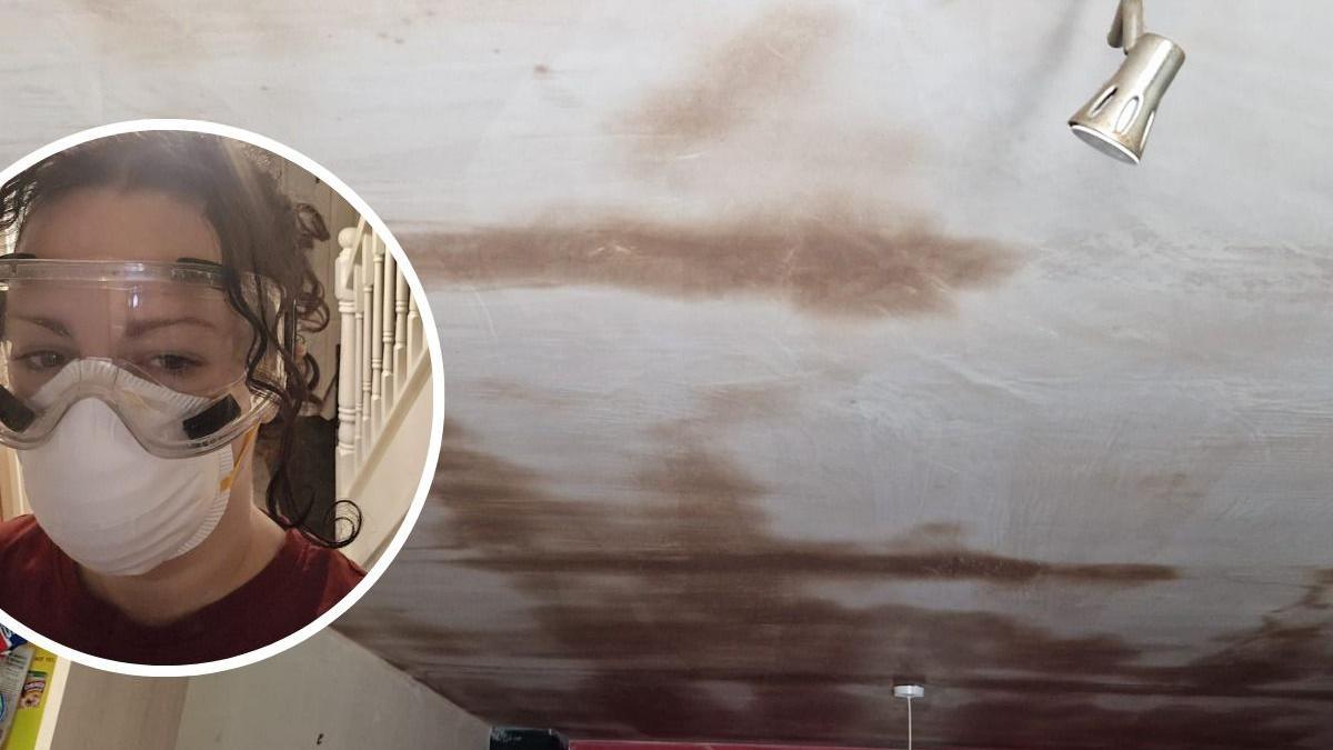 A ceiling with large brown patches where it has been wet. A small image in a circle to the left of the main picture shows Ms McCarnum wearing goggles and a mask in her home