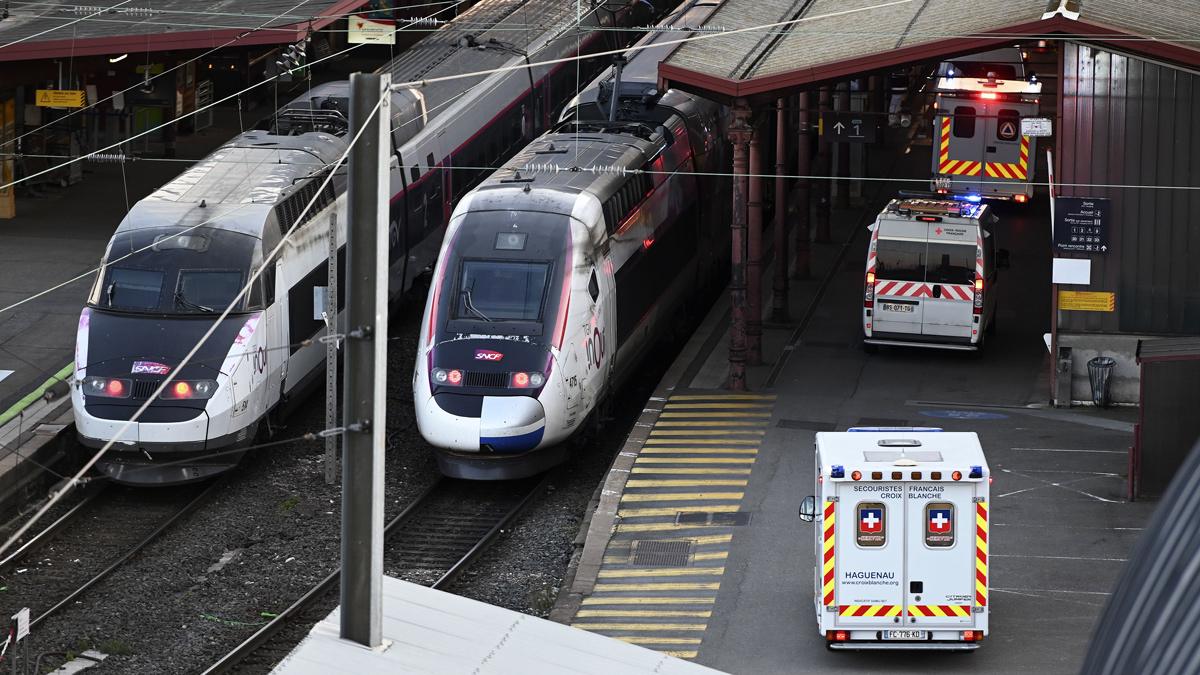 Ambulances stand by to load patients affected with coronavirus (Covid-19) aboard a medicalised TGV (high-speed train) in Strasbourg, France on March 26, 2020