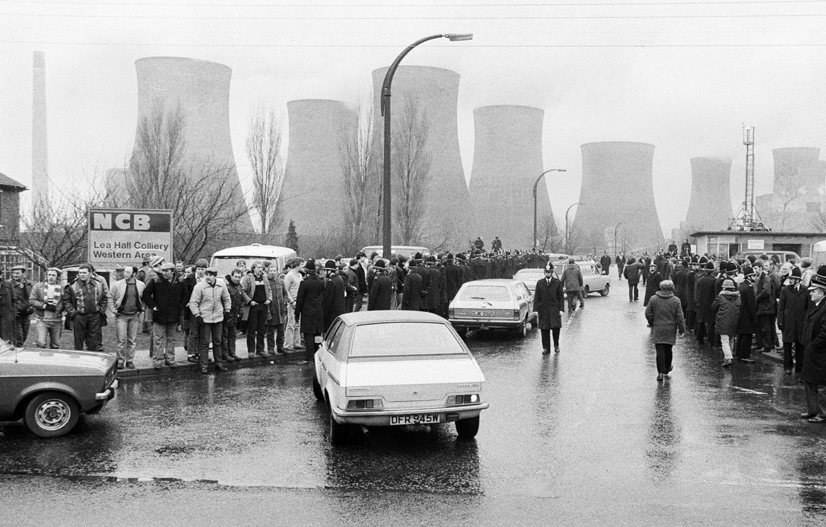 Pickets and police at Lea Hall Colliery, Rugeley, Staffordshire - March 1984.