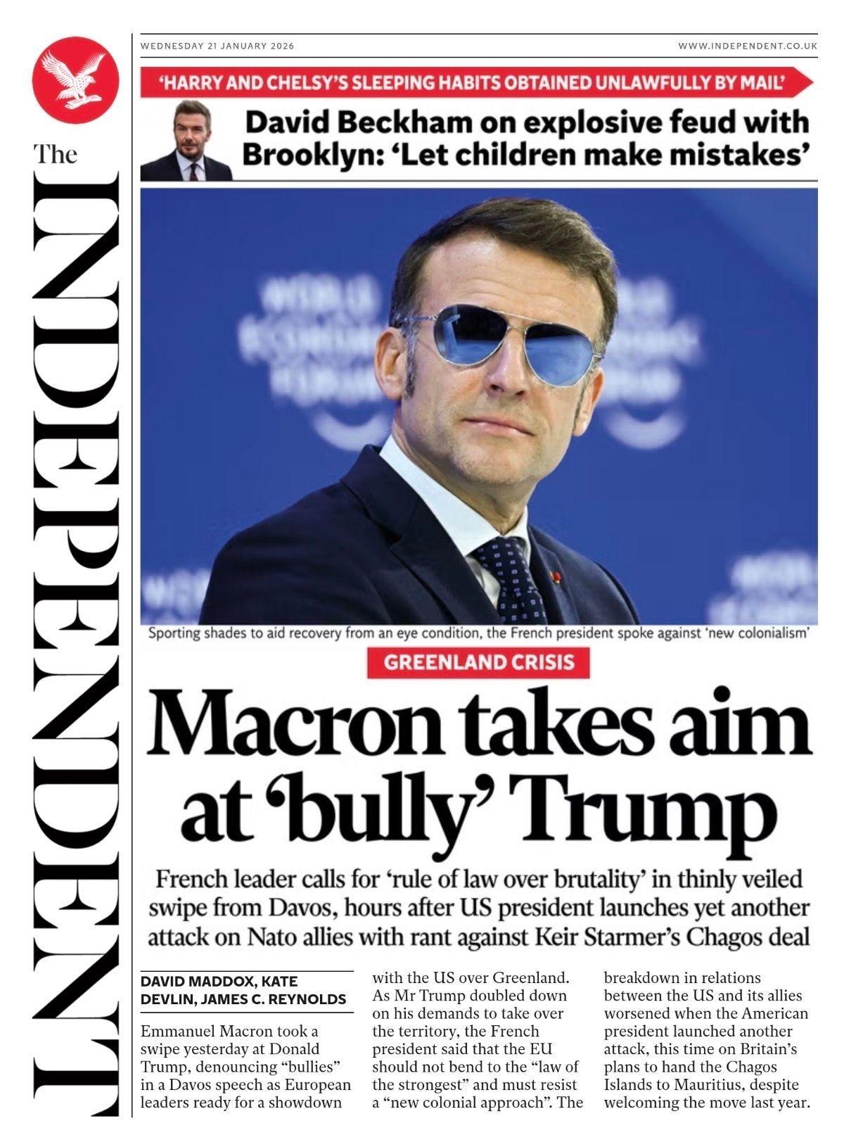 Titulli në faqen e parë të gazetës Independent thotë: “Macron sulmon ‘ngacmuesin’ Trump.”
