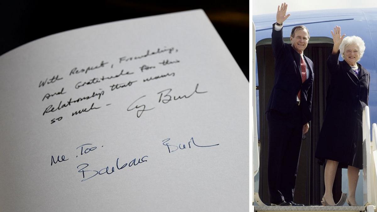 A composite image shows the page signed by US President George W Bush and First Lady Barbara Bush on the left, and a picture of them waving from their plane as they leave at the end of their visit to London in June 1989.