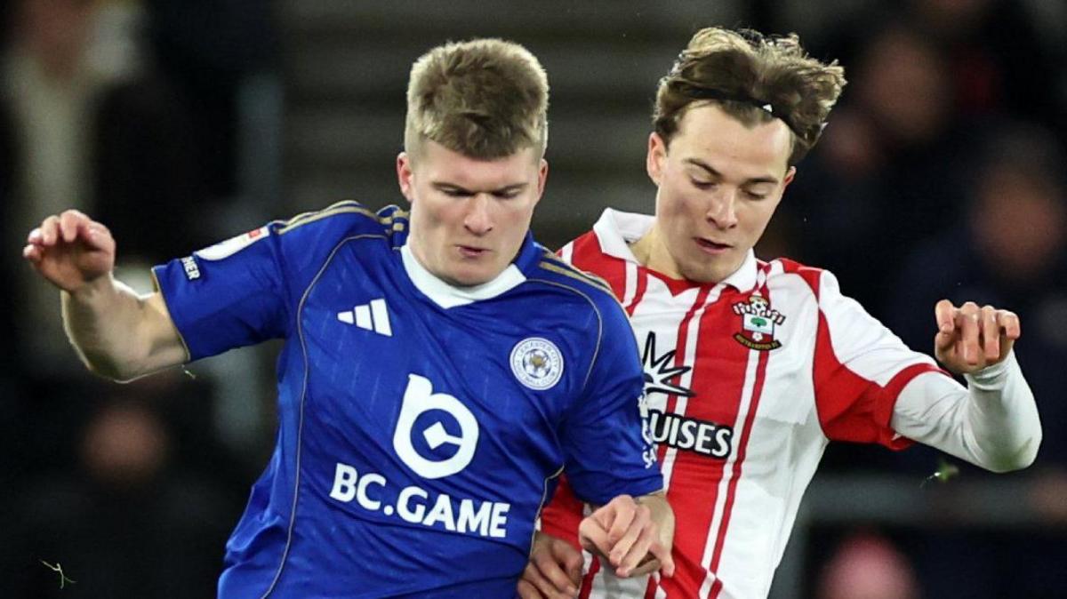 Jordan James of Leicester City (left) in action with Caspar Jander (right) of Southampton