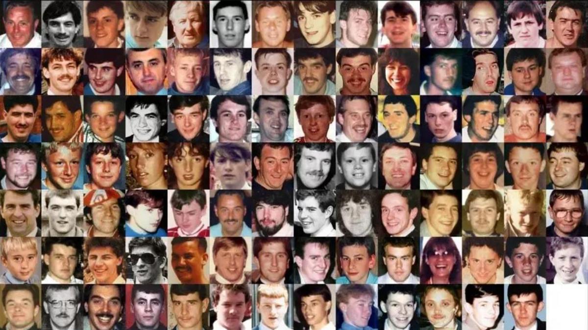 Montage of photographs of all of the 97 Liverpool fans who died as a result of the Hillsborough disaster on 15 April 1989.