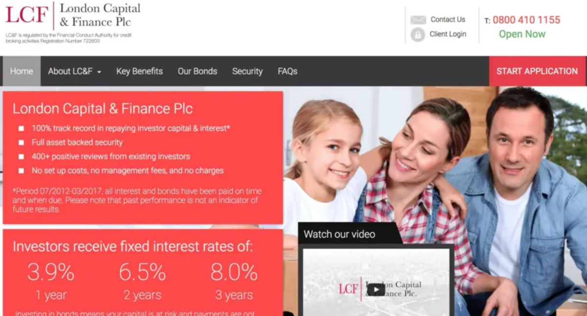 A screenshot of LCF's promotional material on its website promising returns of 8% for people investing for more than three years. The picture has a family of a smiling family on it