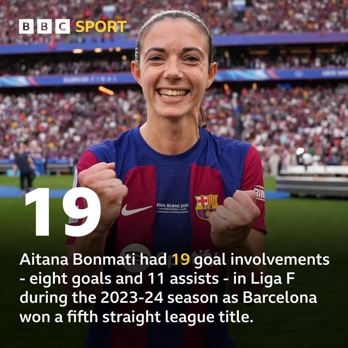 Aitana Bonmati stat graphic - Aitana Bonmati had 19 goal involvements - eight goals and 11 assists - in Liga F during the 2023-24 season as Barcelona won a fifth straight league title.