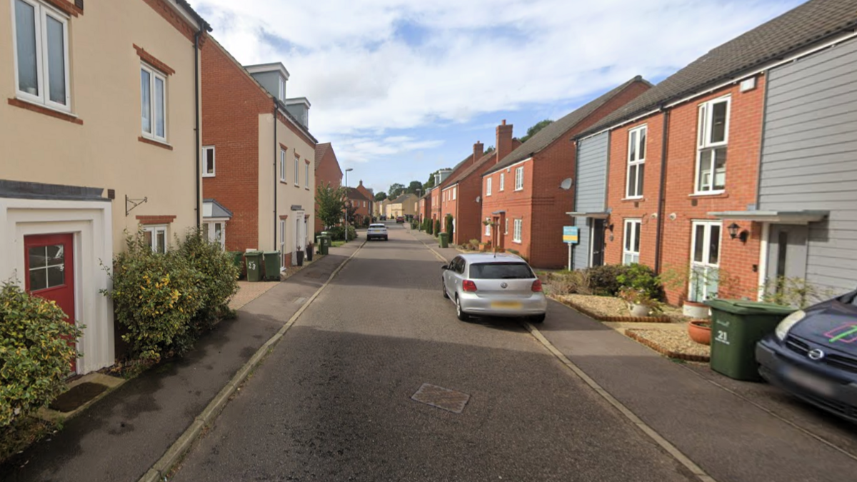 Modern, terraced houses - mostly semi-detached - on Blackhill Wood Lane, with a silver car parked partly on the road, partly on the pavement