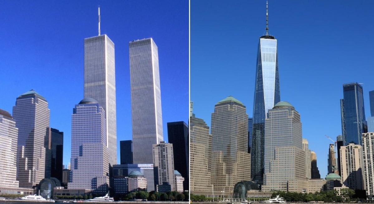 Trade Centre building and Manhattan skyline comparison.