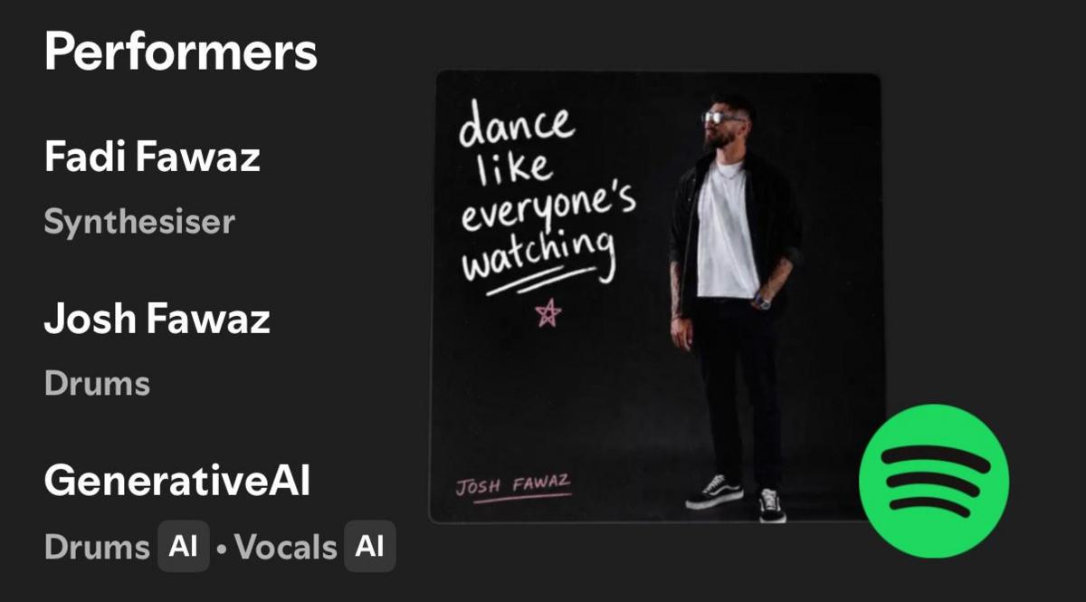 A composite of the credits shown on spotify for Josh Fawaz's version of Madonna's hit Like a Prayer. It also features the album cover and Spotify logo.