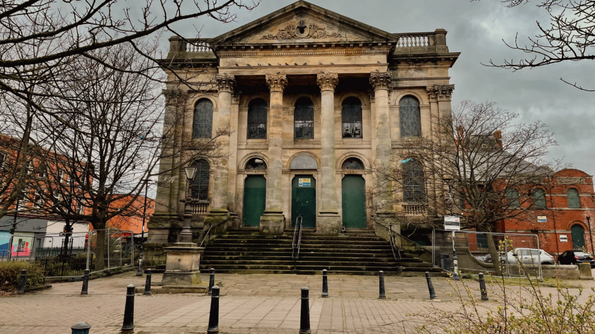 An exterior view of the Wesley Chapel in Hartlepool a large Victorian building but in some state of delapitation 