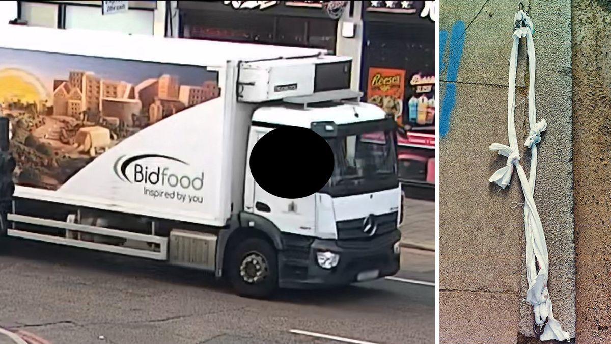 A composite image showing CCTV still of a 'Bidfood' delivery truck on a street in London on the left, and an image of a makeshift sling made from tying trousers together on the right.