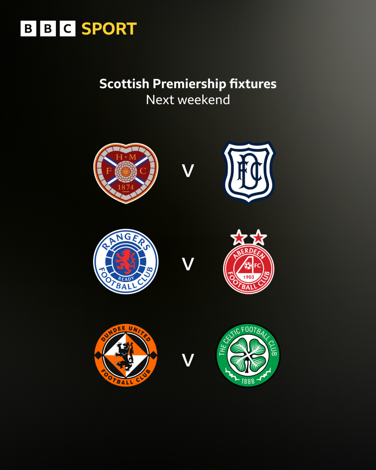 Scottish Premiership fixtures next weekend: Hearts v Dundee; Rangers v Aberdeen; Dundee United v Celtic