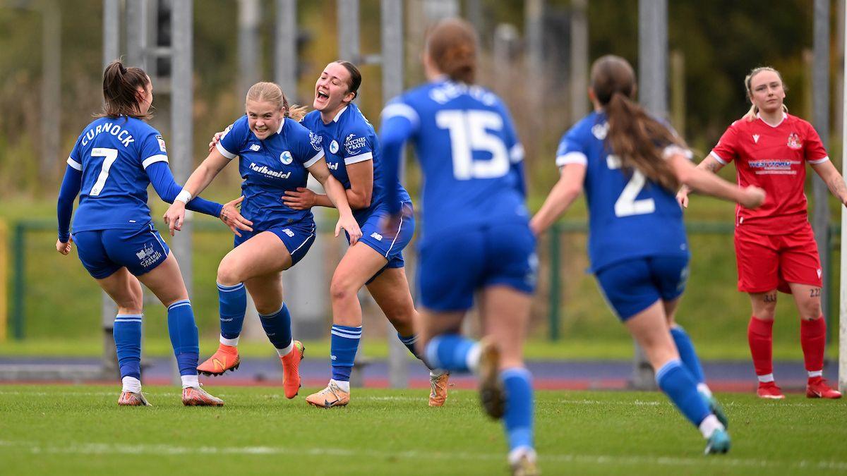 Eliza Collie of Cardiff City Women celebrates scoring 