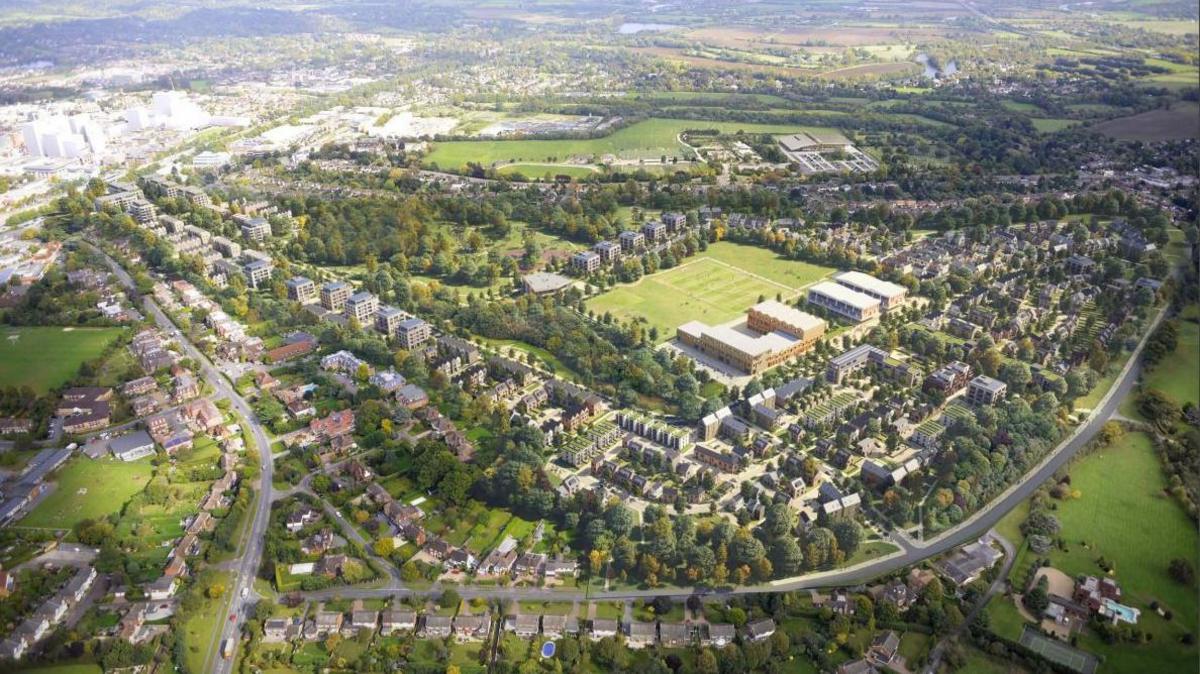 An artist's impression of the new development in the centre of Maidenhead. The aerial view shows Maidenhead town, with green space and urban buildings.