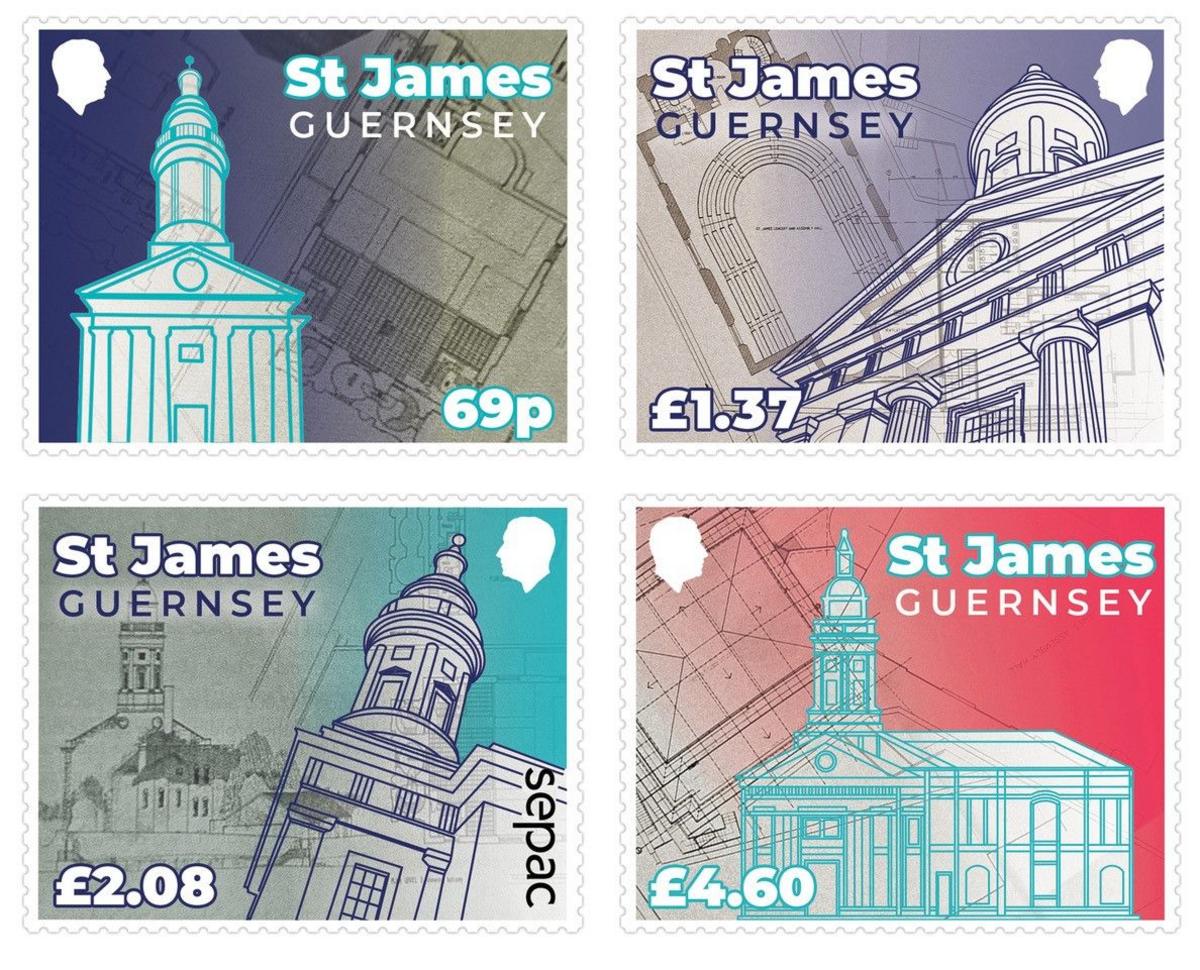 Four stamps depicting illustrations of the building of St James from various angles.