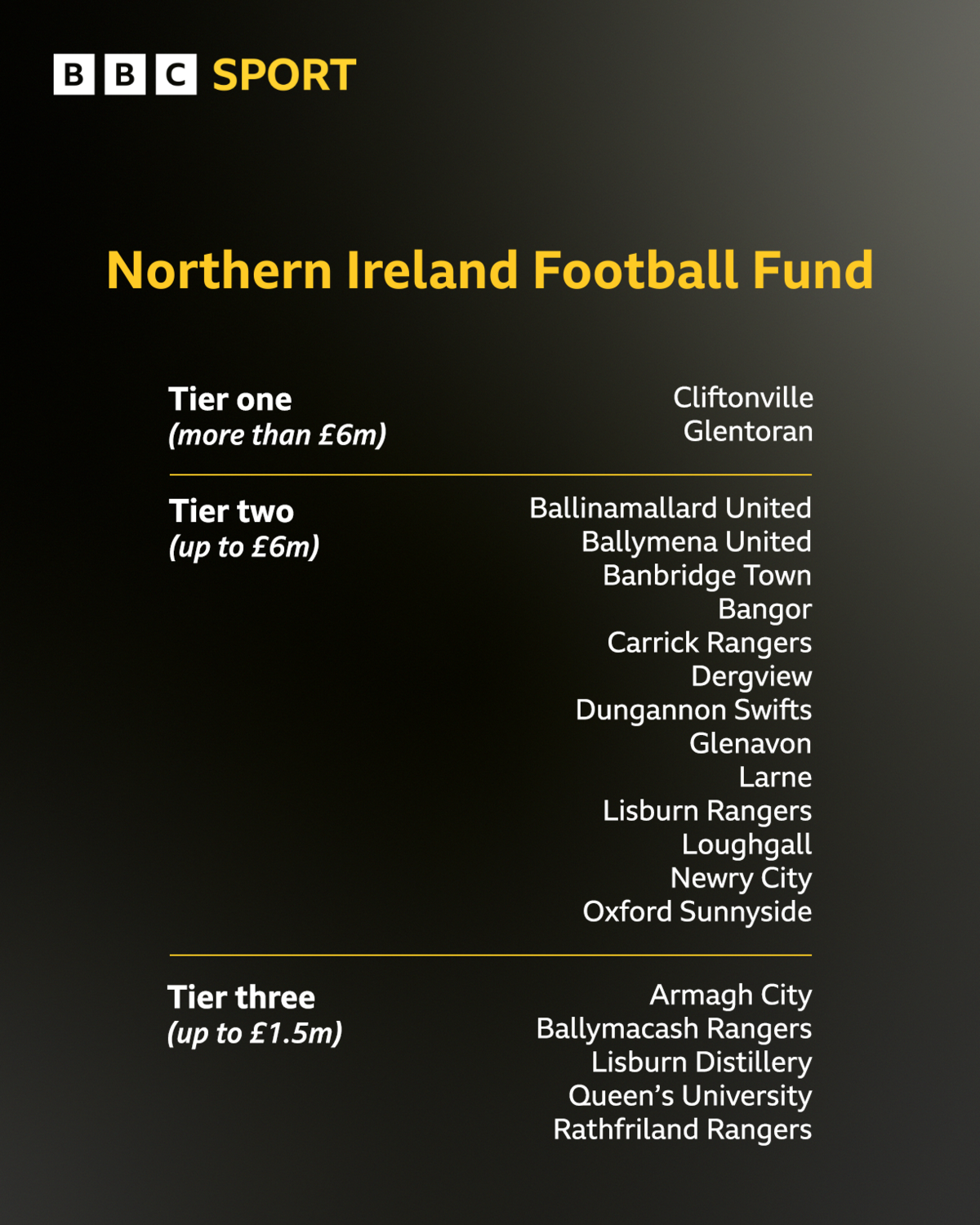 The 20 successful applicant clubs in the Northern Ireland Football Fund