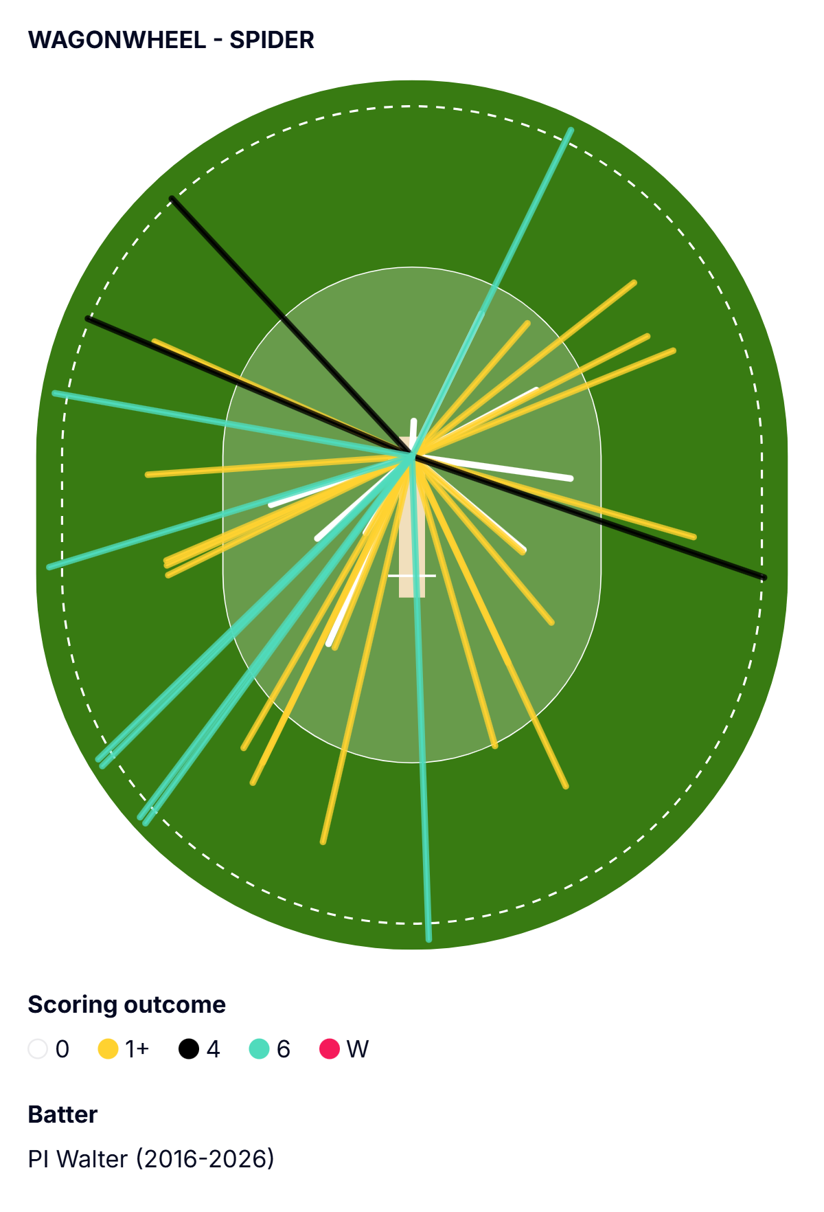 A wagonwheel graph showing left-handed Manchester Super Giants batter Paul Walter scored most of his run on the leg side