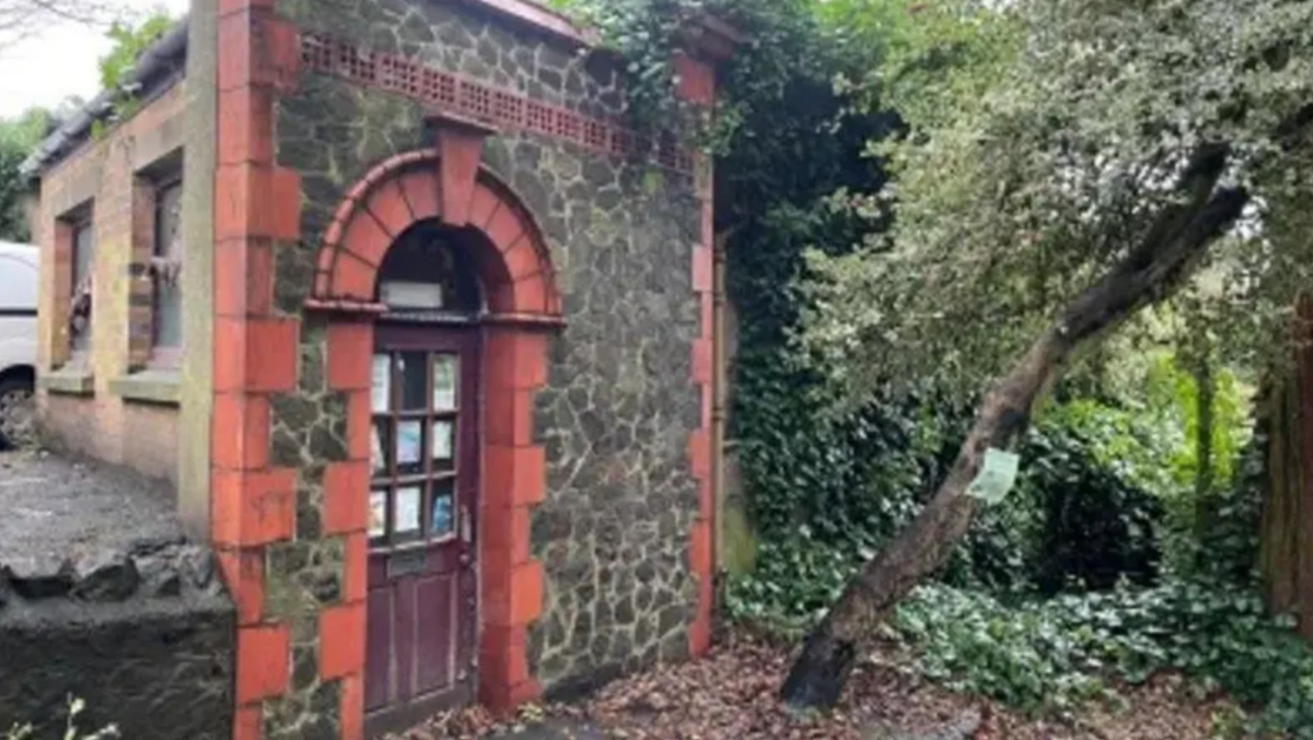 A stone-fronted toilet block with a brown door, framed by red bricks. There is ivy growing down one wall and ivy-covered trees in front of it.