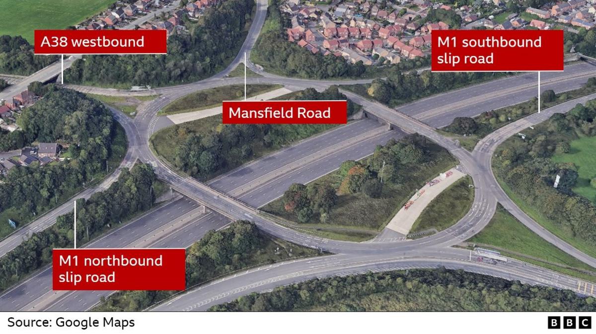 A graphic showing a satellite image of the M1 junction 28