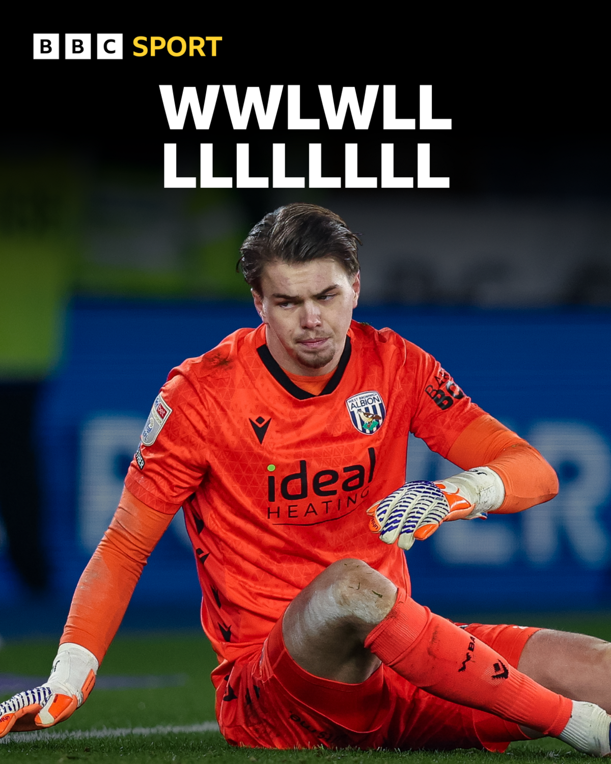 West Bromwich Albion's away league results this season reading: WWLWLLLLLLLLLL, with goalkeeper Josh Griffiths sitting on the pitch