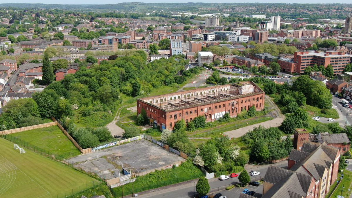 A drone captures a shot of the 11.5 Friar Gate Goods Yard from above