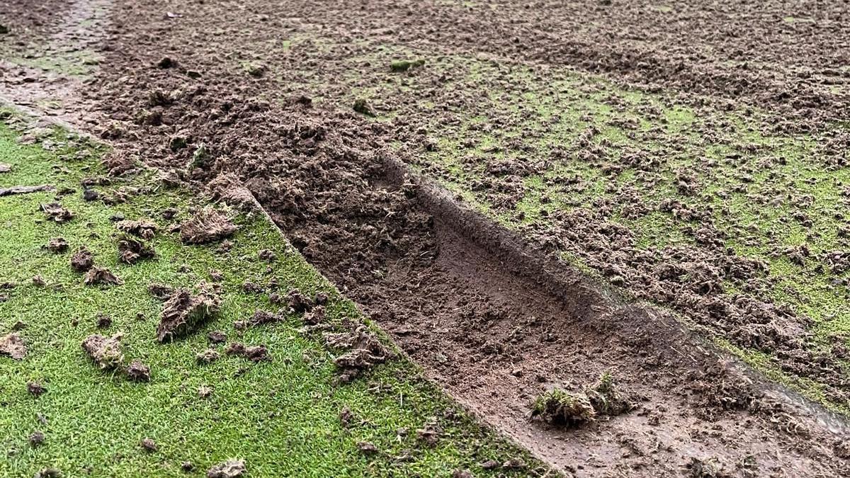 Tracks of a vehicle have been left in grass. The smooth grass has been ruined 