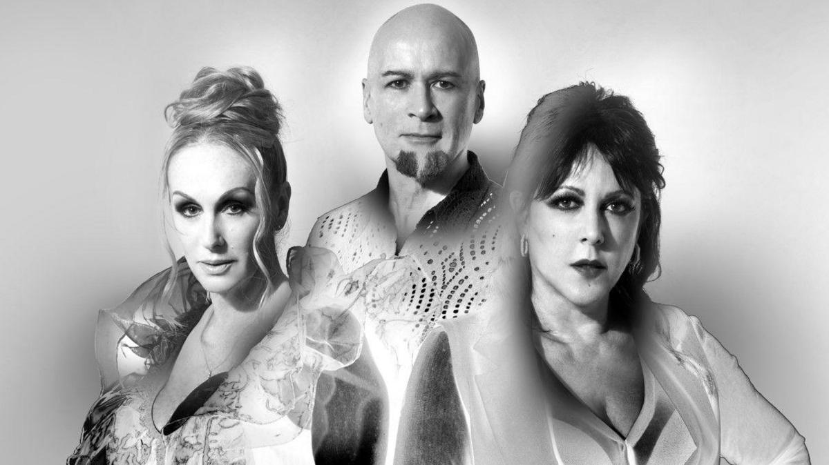 Three members of the Human League artistically presented in black and white