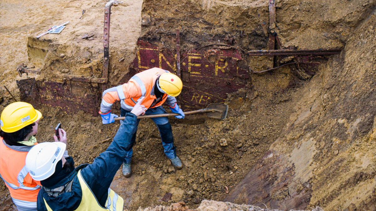 Part of the train being uncovered by archaeologists