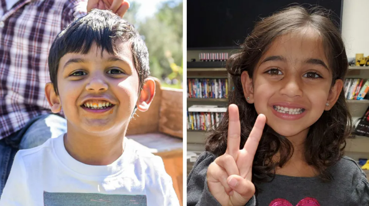 A composite image of seven-year-old Aden Wentz, wearing a white t-shirt, and his nine-year-old sister Elianna Wentz, who are both smiling towards the camera. Elianna, who was known as Ellie, is showing a peace sign with her right hand