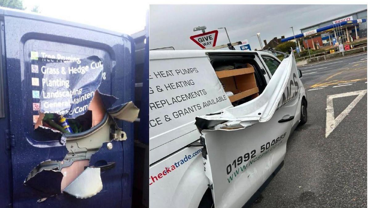 Two images. One is of a back door of a van with the metal torn to reveal tools inside. Second image is of a white van with the side door bent and falling off. 