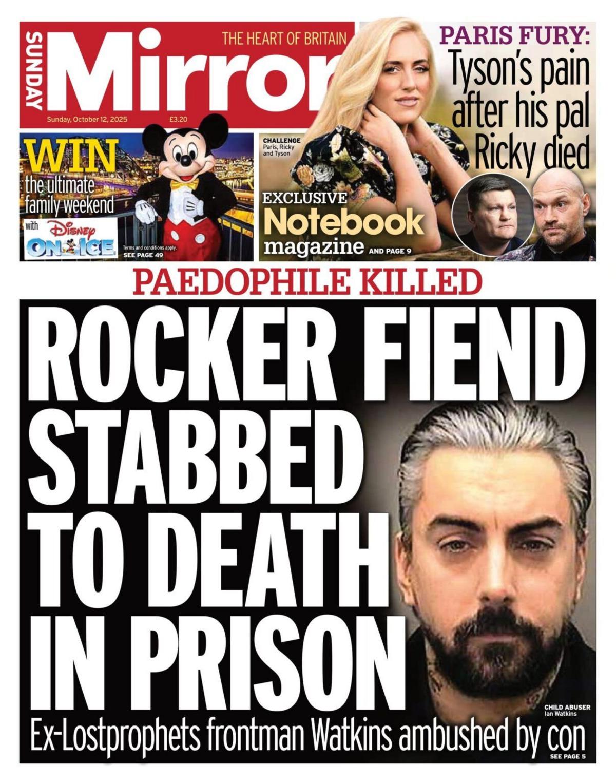 The headline on the front page the Daily Mirror reads: "Rocker fiend stabbed to death in prison."
