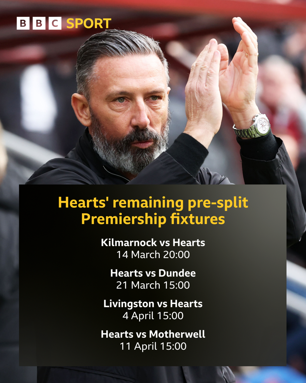 Hearts manager Derek McInnes and details of Hearts' next four fixtures
