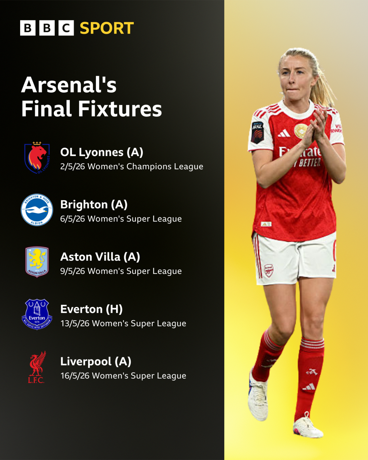 Arsenal's final fixtures of the 2025-26 season with image of Leah Williamson
