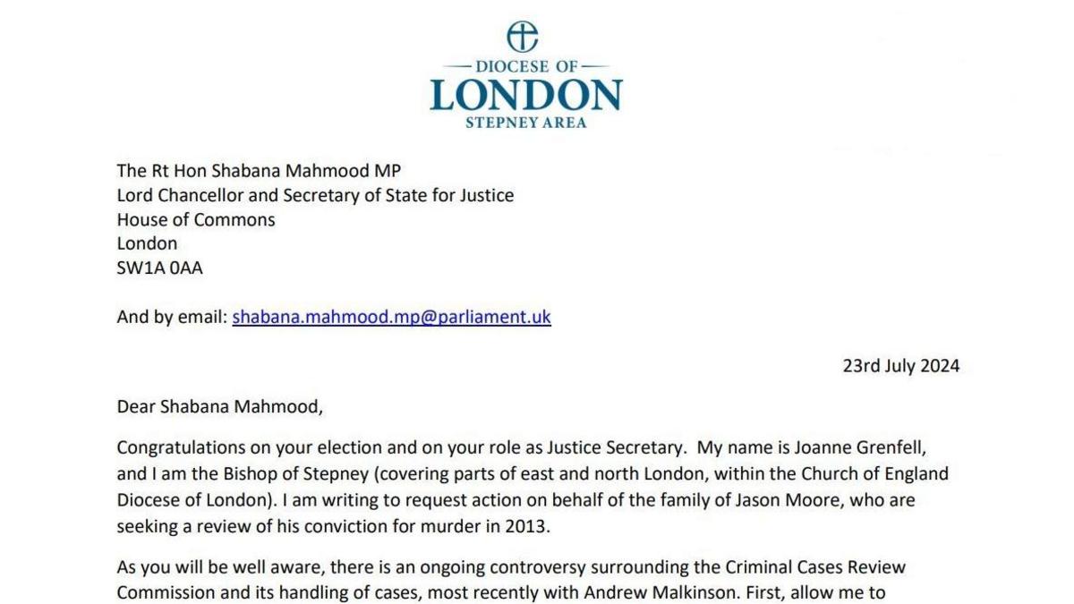 Image of part of the letter send by Bishop Joanne to the Justice Secretary, with a blue logo for the Diocese of London at the top