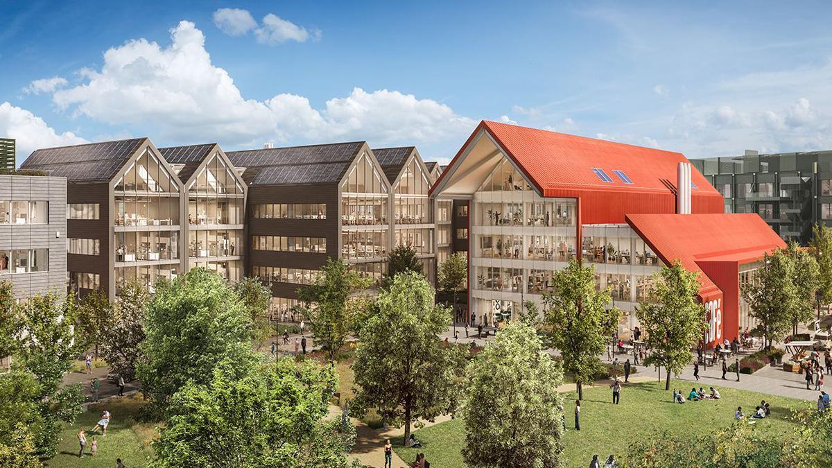 Artist mock up of three large buildings with a green space in the foreground