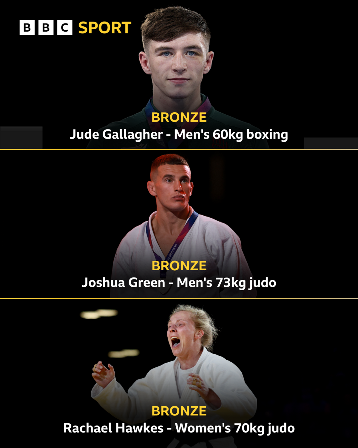 A graphic for Jude Gallagher, Joshua Green and Rachael Hawkes winning bronze at the Commonwealth Games