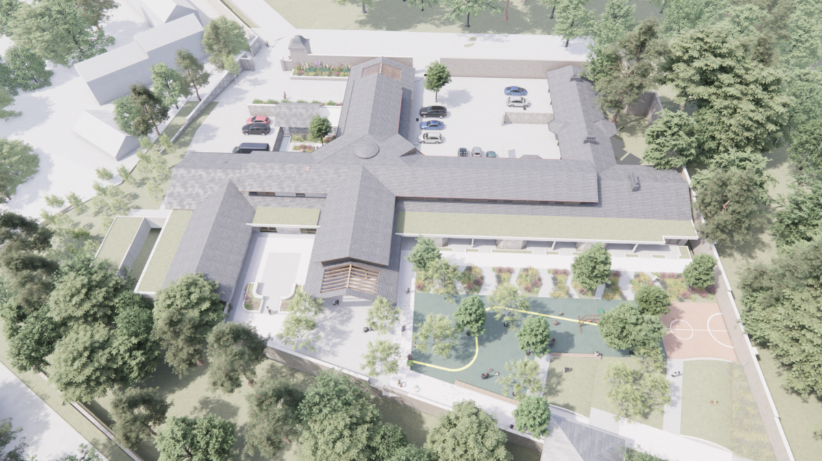 An artist's impression of the aerial view of a large complex with a car park and outdoor play areas