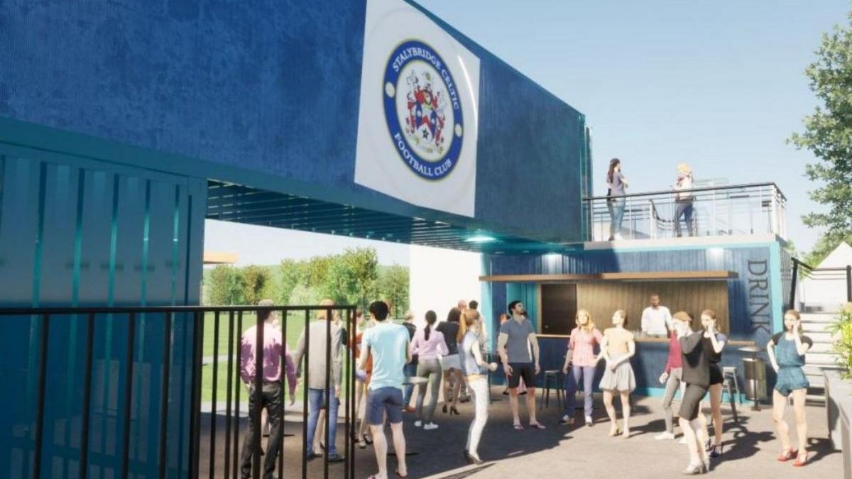 Street level view of fan zone bar with fans milling around underneath the club crest  at Stalybridge Celtic FC.