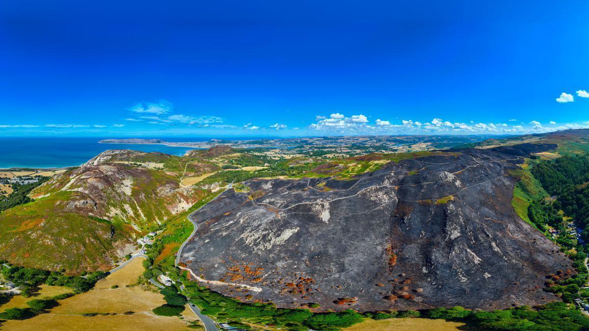An aerial picture of the blackened hillsides near the Sychnant Pass, showing the Conwy coast in the distance.