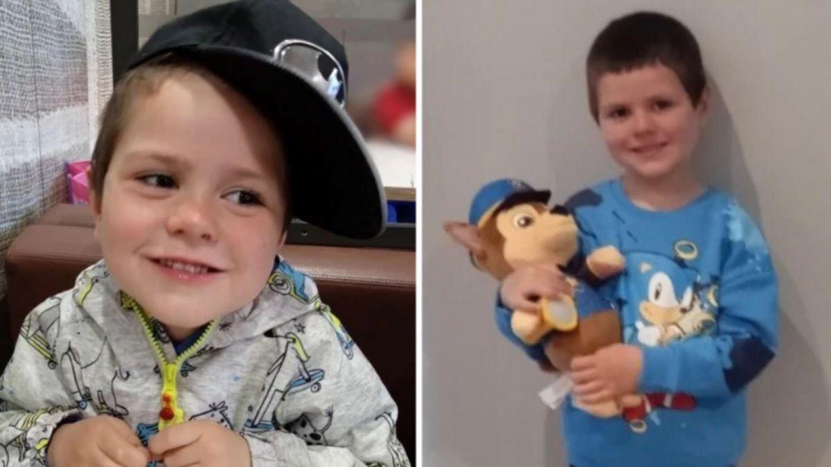 A composite image of Kyran on the left the boy has short brown hair and is looking to his left as he wears a grey patterned zip-up jumper and a black cap, as he sits in a restaurant. On the right-hand image he has short brown hair and is smiling at the camera as he wears a blue sweatshirt with Sonic the Hedgehog on it, as he holds a teddy character from Paw Patrol.