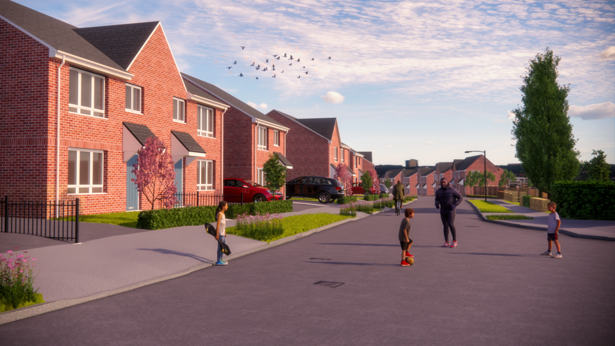 Artist's impression shows a row of newbuild houses with children playing in front