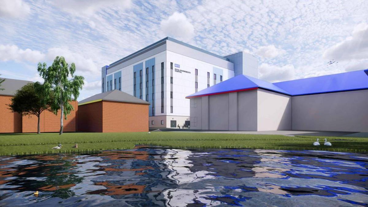 An artist's impression of the completed ward building set between two smaller buildings reflected in a pond in the foreground