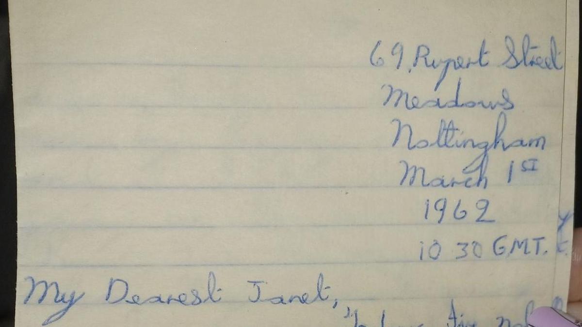 A letter which is addressed to "my dearest Janet" written in blue ink. The address on the top right is in the Meadows in Nottingham and is dated March 1st 1962