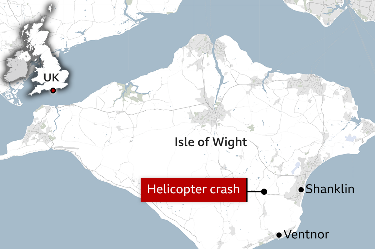 A graphic showing the map of the Isle of Wight with Ventnor and Shanklin marked by black dots and the crash site also marked with a black dot and highlighted red writing labelling it as helicopter crash