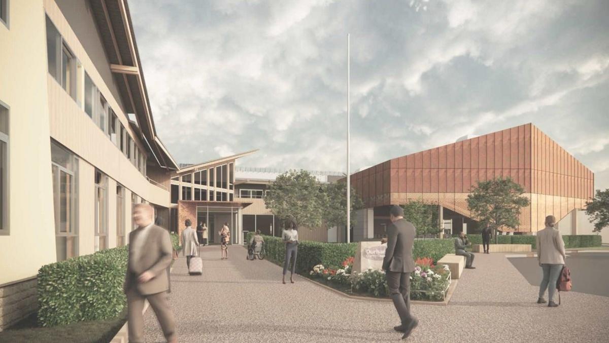 Artist's impression of the county council's new headquarters at the Rivergreen Centre. A series of buildings are surrounded by paving and landscaping.