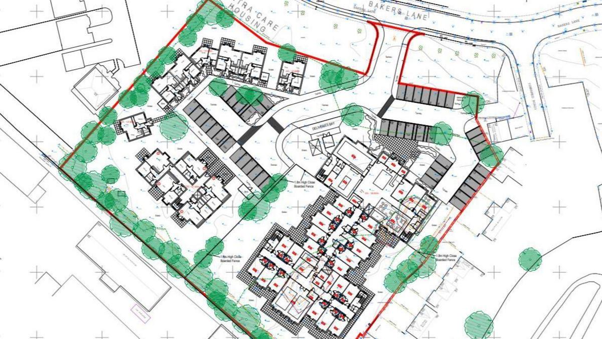 A plan showing the care home, assisted living bungalows and boundary trees, with existing properties shown in outline.